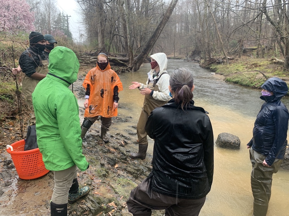 group of people standing by river in the rain