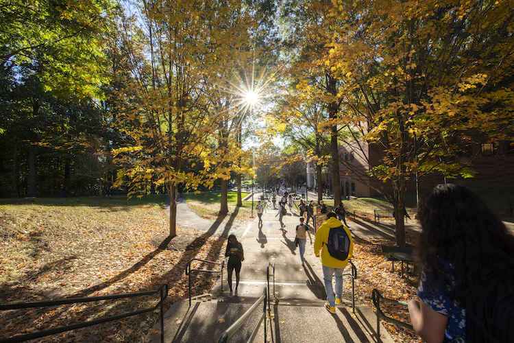 fall campus with students in silhouette