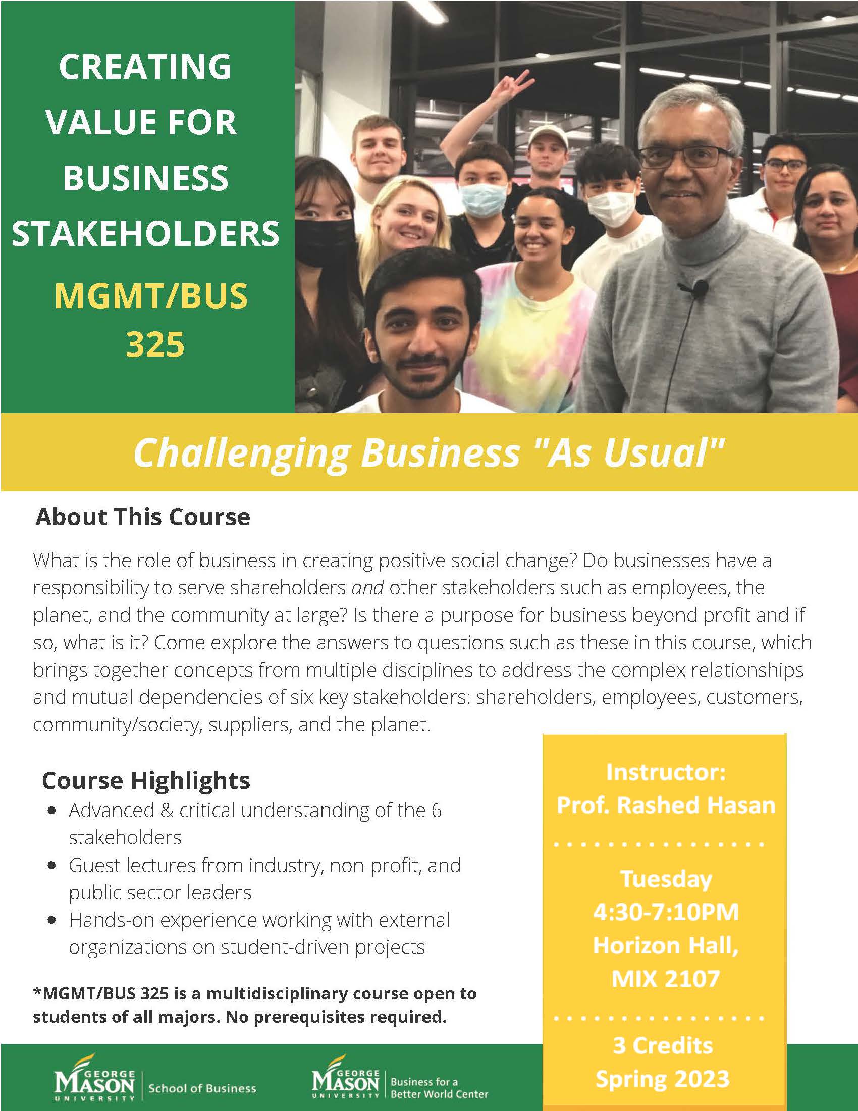 BUS/MGMT 326 Value Creation for Business Stakeholders course for spring 2023. Course description included in post