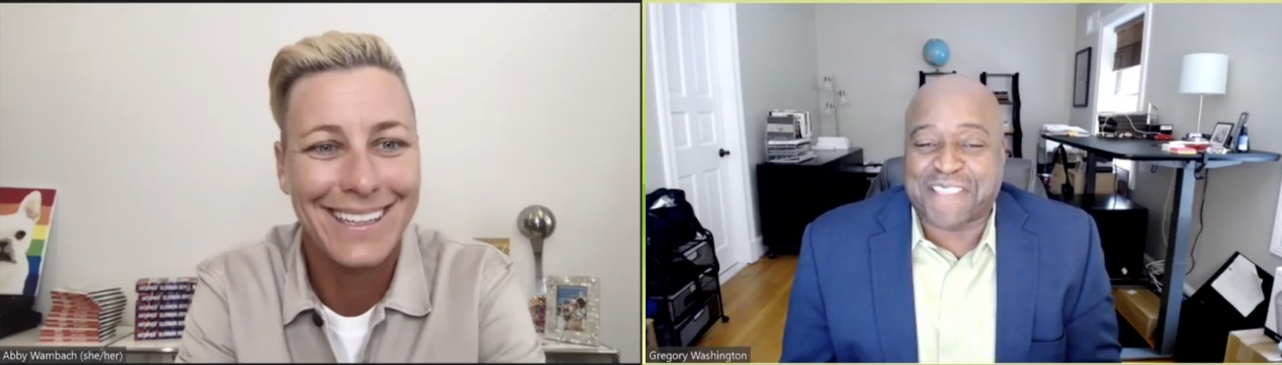 Screenshot of a Zoom call. On the left is Abby Wambach, on the right is President Gregory Washington.