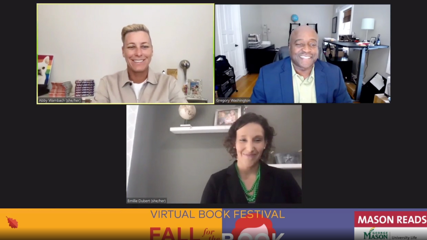 Screenshot from a Zoom call. Abby Wambach (top left), Mason President Gregory Washington (top right), Director of Mason's Contemporary Student Services Emilie Dubert (bottom middle).